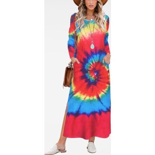 Fashion Women Tie-Dye Print Long Sleeve Dress Autumn Winter Boho Elegant O-Neck Casual Loose Split Robe Maxi Holiday Vestidos