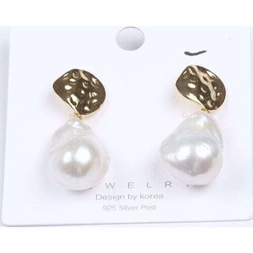 Fashion Women 17-18mm 925 Sliver Gold Plate Handmade Big Baroque Pearls Earrings