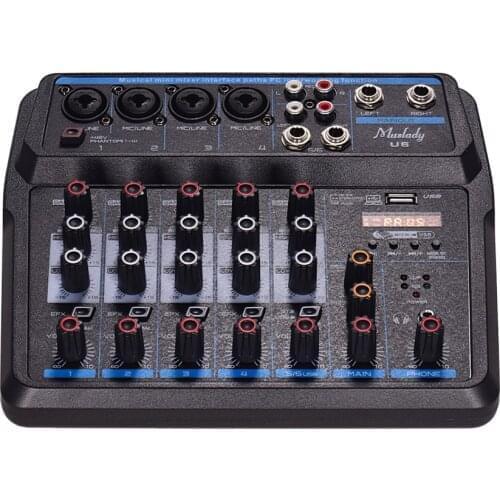 U6 Musical Mini Mixer 6 Channels Audio Mixers BT USB Mixing Console with Sound Card Built-in 48V Phantom Power