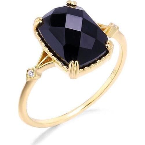 Original design inlaid black agate literary facet opening adjustable ring light luxury domineering charm ladies silver jewelry