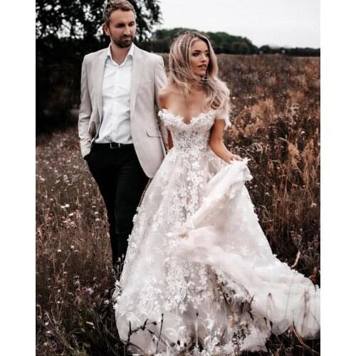 Romantic A Line Off Shoulder Floral Lace Wedding Dresses Illusive Back Bridal Gowns
