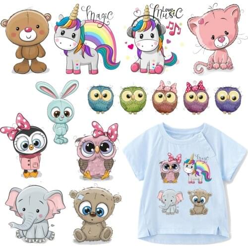 Cute Animal Patches Set Iron on Transfer Unicorn Owl Cat Dog Patches for Girl Kids Clothing DIY Heat Transfer Vinyl Stickers