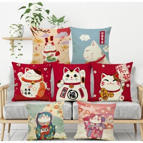 Japanese-style Fortune Cat Cushion Cover 45*45 Pillowcase Sofa Cushions Pillow Cases Cotton Linen Pillow Covers Home Decor