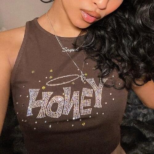 Y2K Letter Diamond Brown Tank Top Women 2021 Summer Sleeveless U-Neck Casual Party Fashion Sexy Crop Tops Streetwear