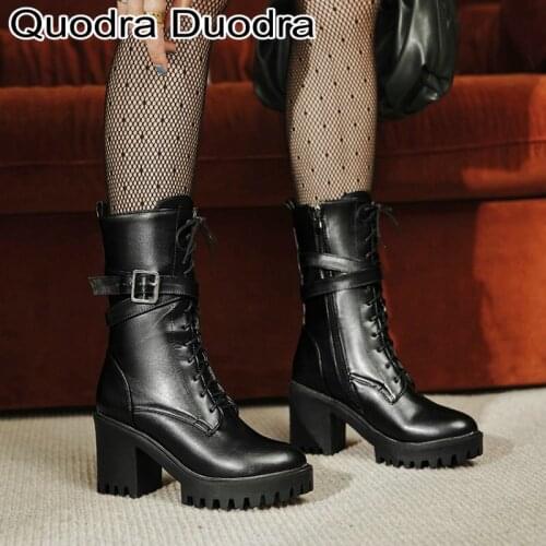 New Boots Women Winter shoes Thick High Heels chunky Pointed toe PU Ladies big size 34-43 Mid-Calf platform cool fashion zipper