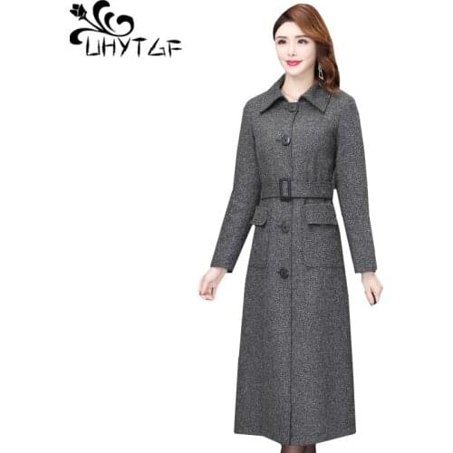 UHYTGF Genuine Trench Coat Women Single-Breasted Belt Slim Autumn Windbreaker Female Long Sleeve Loose Plus Size Outerwear 1314