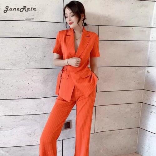 JuneRain 2021 Summer Womens Sashes Blazer Coat 2 Pieces Office Lady Wide Leg Pants Set Fashion Stripes Blazer Outwear Suits