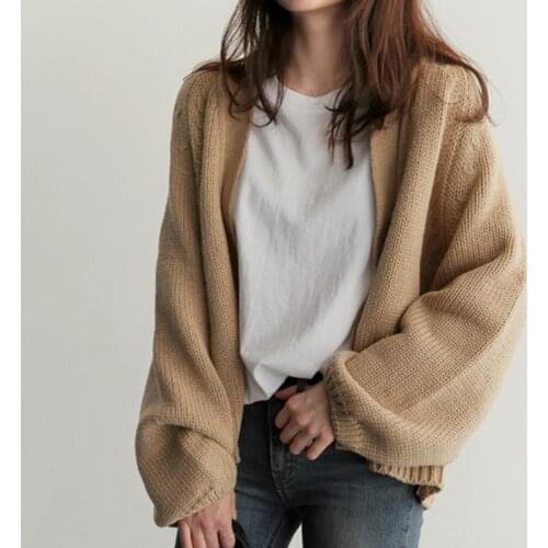 2020 Autumn Winter Women Cardigan Warm Knitted Sweater Women Solid Color Knitted Open Front Cardigan Long Puff Sleeve Warm Coat