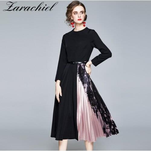 High Quality Print Patchwork Pleated Dress Autumn Winter Women O-neck Long Sleeves Sashes Midi Dresses Female Office Vestidos