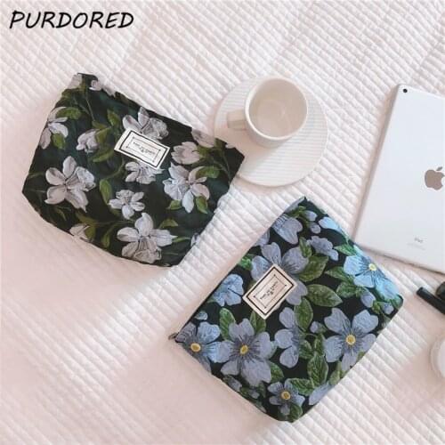 PURDORED 1 Pc Flowers Jacquard Cloth Cosmetic Bag Women Makeup Organizer Bag Thick Canvas Large Capacity Zipper Lady Handbag