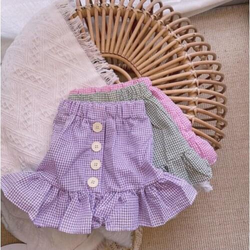 2021 1-7Y Summer Kids Girls Bust Skirt Toddlers Creative Plaid Flouncing Hemline Button Decoration Half Skirt Princess Bottoms