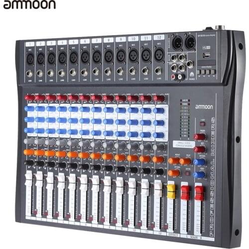 Ammoon 120S-USB 12 Channels Mic Line Audio Mixer Mixing Console USB XLR Input 3-band EQ 48V Phantom Power with Power Adapter