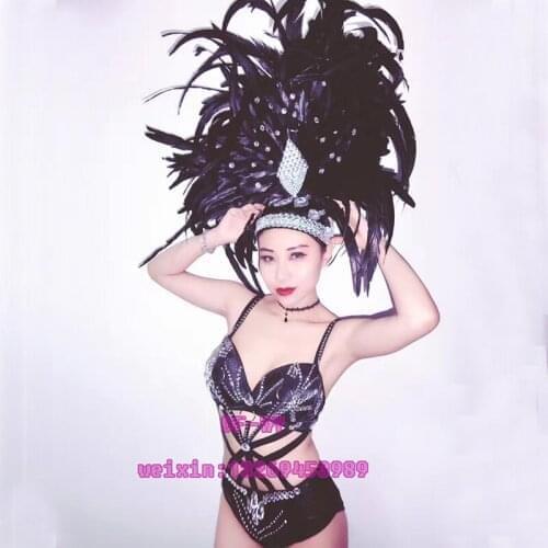Bar and nightclub dancer ds singer DJ large black feather head decorations shiny diamond sexy bra combination stage costumes for