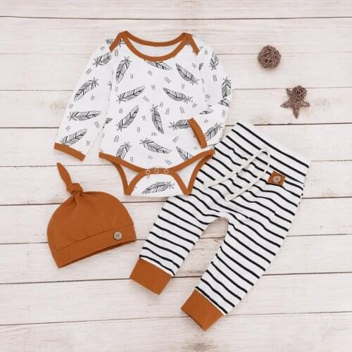TELOTUNY Childrens clothing Newborn Baby Boys Girls Long Sleeve Feather Print Romper Bodysuit Top Striped Pants Hat Outfits Jun