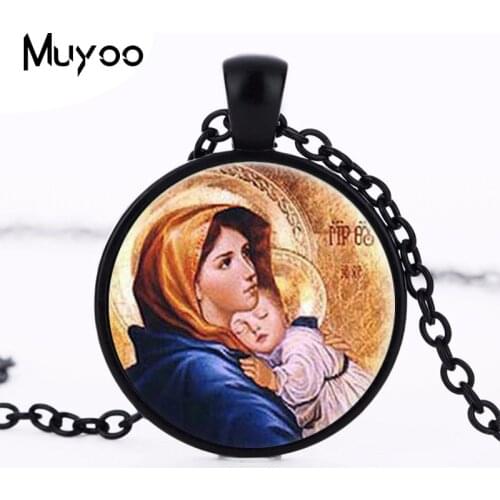 Virgin Mary with Child Pendant Necklace Glass Print Jewelry Mother of Baby Jesus Christ Christian Catholic Religious Madonna HZ1