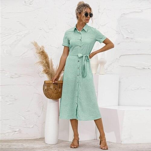 Elegant Women Turndown Collar Shirt Dress With Sashes For Office Lady Short Sleeve Summer Fashion Casual Midi Dresses Femme Robe