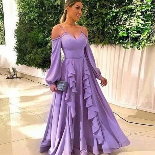 Eightale Purple Evening Dress Spaghetti Strap A-Line Ruffles Long Sleeves Chiffon Simple Prom Gown Custom Made Party Dresses