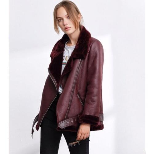 NEWDISCVRY Autumn Winter Faux Soft Leather Women Faux Lamb Leather Jacket Coat Warm Fur Collar Motorcycle Black Punk Zipper