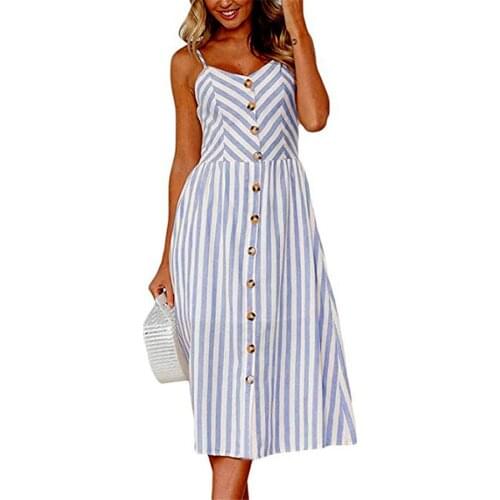 Summer Dress For Women Vintage Sexy Blue Stripe Dress New Spaghetti Strap Sundress Striped Print Female Midi Dress