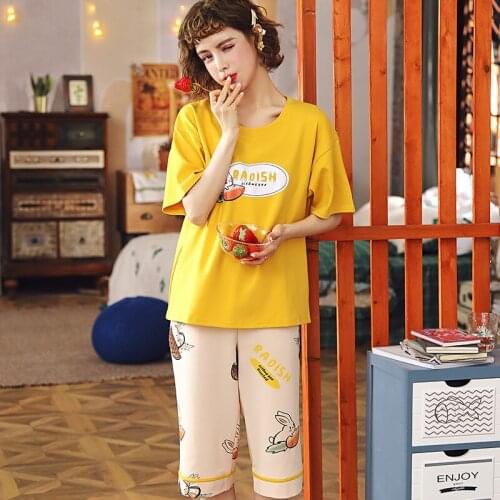 Summer Cotton Short Sleeve Ladies Homewear Womens T-shirt Simple Yellow Sleepwear Kawaii Cartoon Carrot Rabbit Womens Pajamas