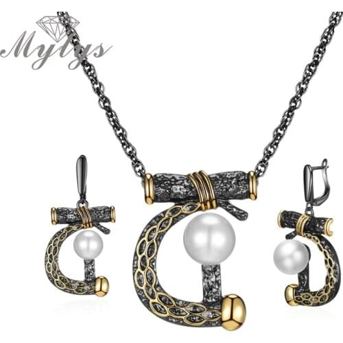 Mytys Vintage jewelry sets Black Gund Color Old Tree Branches Design Letter D Shape Pendant Necklace Earrings Sets CE619 CN545