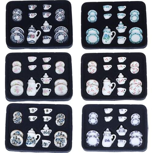 15pcs/set Ceramic Tea Cup Set Chintz Flower Tableware Kitchen Dollhouse Furniture Toys 6 Patterns For your choice