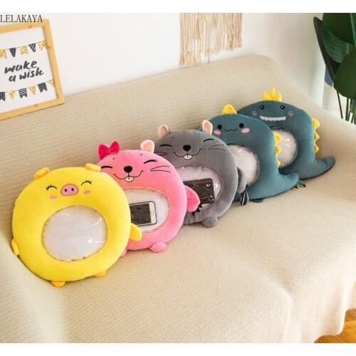 Visible Hand Warmer Plush Cushion Toys Cute Pig Hamster Dinosaur Shape Phone Holder Transparent Surface For Winter Warm Pillow