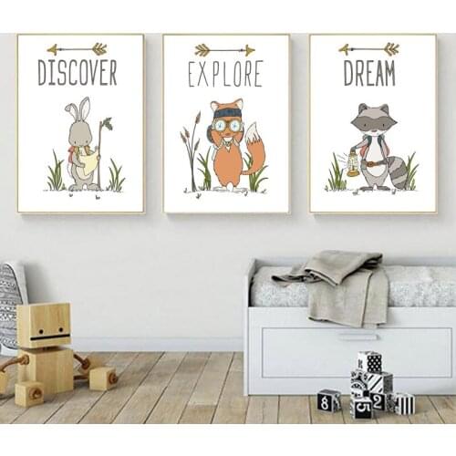 Woodland Animal Fox Raccoon Bunny Canvas Painting Cartoon Wall Art Posters Discover Explore Nursery Print Nordic Kids Room Decor