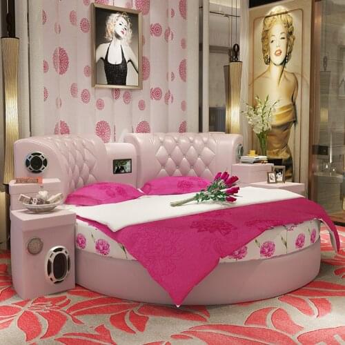 Wholesale Price High Quality Leather 2.2m Pink Round Bed кровать for Marriage