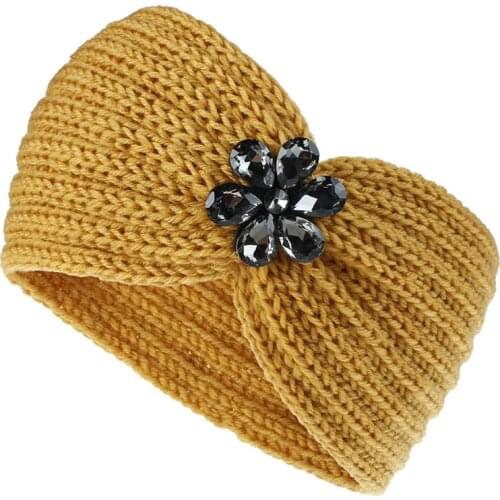 Autumn And Winter New Hair Accessories Rhinestone Flower Knitting Wool Hair Bands For Women Europe And America Popular Keep Warm