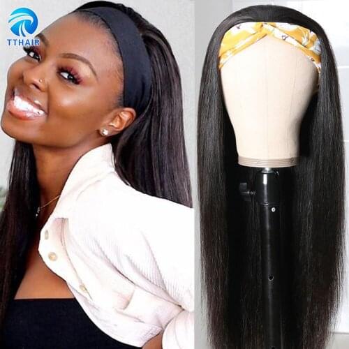 Headband Human Hair Wig With Headband Attached Indian Remy Wig Straight Wigs U Part Wig Full Machine Made Wig With Bang 150
