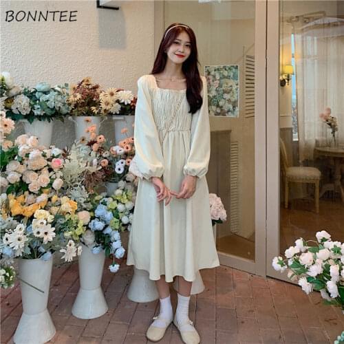 Long Sleeve Dress Women Pure Sweet Popular Elegant Tender Vestidos Oversized Lovely Teenagers Draped Solid A-Line Square Collar