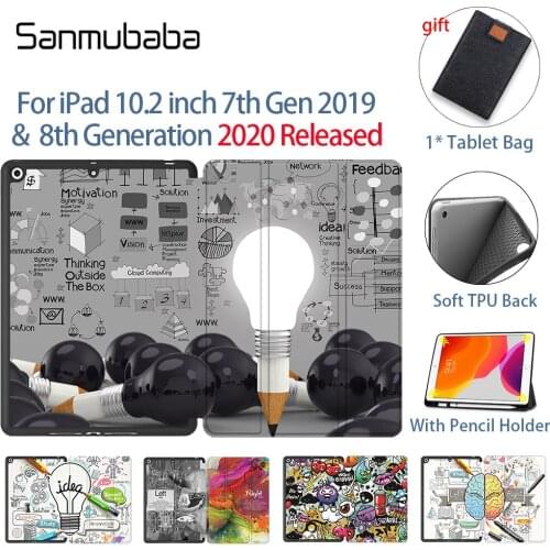 Sanmubaba For iPad 10.2 inch Case 7th 8th Gen With Pencil Holder Soft TPU+PU Leather Folio Flip Stand Smart Tablet Case Funda