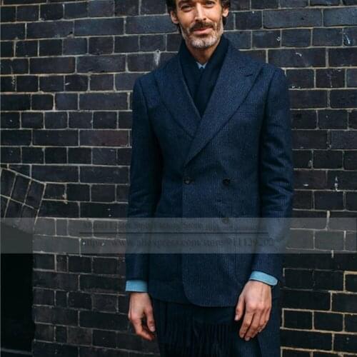 Navy Corduroy Warm Thick Mens Coat Suits Custom Made Double Breasted Wedding Tailored Party Prom Business Blazer Jacket 2 Pcs