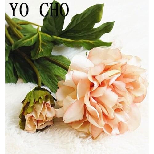 YO CHO 2 Head Peony Silk Flowers Aritificial Peony Real Touch Flowers with Leaves for Wedding Home Decoration