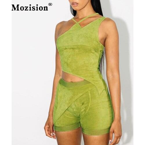 Mozision Velour Asymmetry Two Piece Set For Women Avocado Halter Crop Top + Crease Shorts Matching Outfit Female Causal Sets
