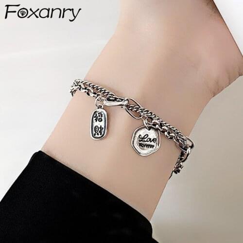 Foxanry 925 Sterling Silver Double-layered Chain Bracelet for Women Trendy Simple English Letter Thai Silver Punk Hiphop Jewelry