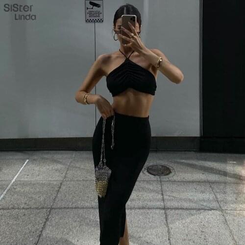 Summer Slim Elegant Women Two Pieces Sets Lace Up Halter Sleeveless Bandage Top+Midi Split Skirt Matching Vacation Trend Outfits