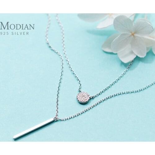 Modian Sterling Silver 925 Shining Zircon Disc Geometric Stick Pendant Necklace for Women Double Layer Necklaace Fine Jewelry