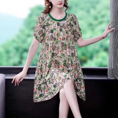 2021 Women Vintage Print Mulberry Silk Midi Dress Elegant Bodycon Party Vestidos Summer Casual Print 4XL Plus Size Chiffon Dress