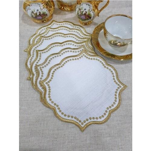 Gold Color Embroidered Silvery 6'lı Cocktail Napkins, Coaster