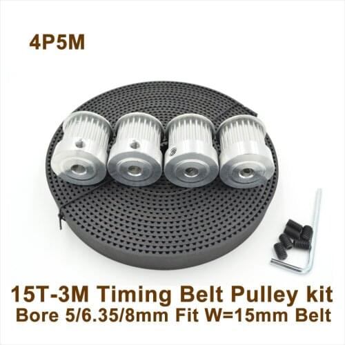 POWGE 4pcs 15 Teeth 3M Timing Pulley Bore5/6.35/8mm + 5meters W=15mm 3M Rubber Synchronous Open Belt 15T 15Teeth HTD3M Pulley