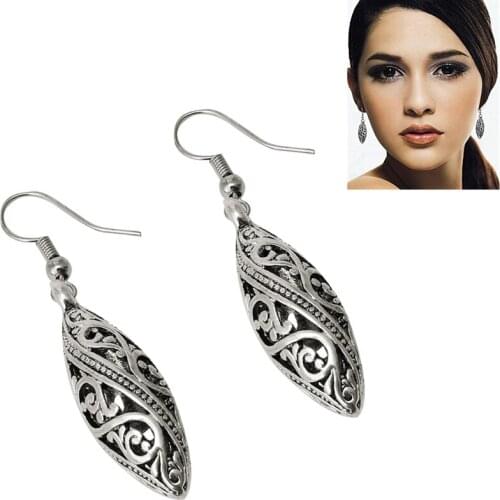 1 Pair Earrings Hollow Engraved Closures Tibet Silver Hangin Earrings 33 x 10 mm E56A