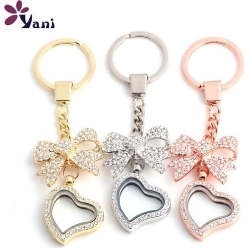 10pcs/lot Free shipping Heart DIY Pendant Floating Glass Locket Keychain Keyring Locket With Rhinestone Bowknot Locket