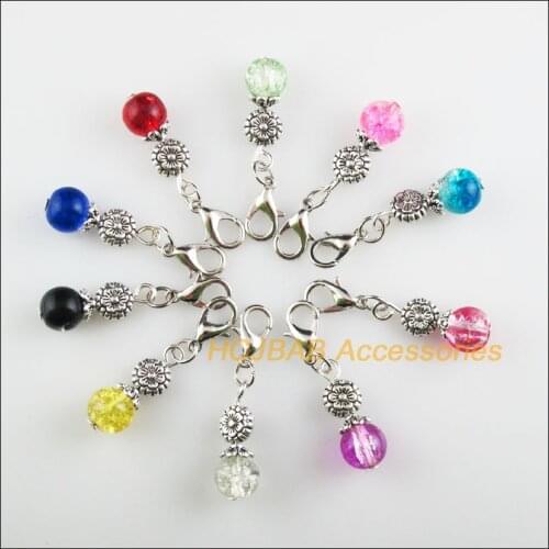 10Pcs Tibetan Silver Tone Flower Retro Mixed Shivering Glass 8x19mm With Lobster Claw Clasps Charms
