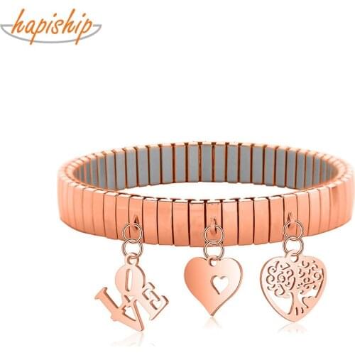Hapiship Fashion Stainless Steel Rose Heart Round Animal Dog Cat Pendant Elastic Bracelet For Women Men Jewelry Wholesale G171