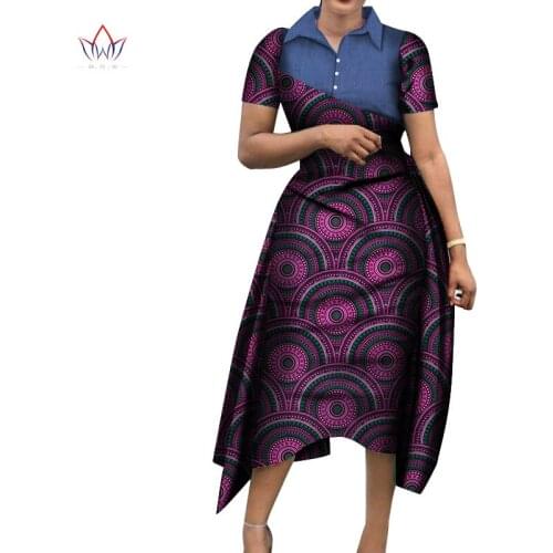BRW African Women Dress 2021 Denim & Print Fabric Print Wax Dresses Bazin Riche Mid-Calf Africa Bow Sexy Dress WY7044