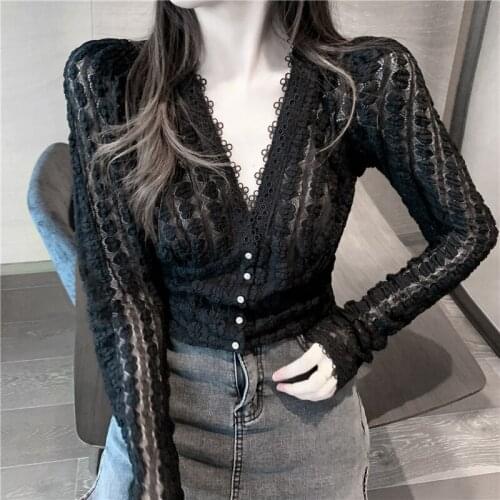 Black White Sexy Lace Long Sleeved Korean Autumn Elegant Fashion Blouses And Tops WomenS Shirt Clothing 2021 Female Vintage