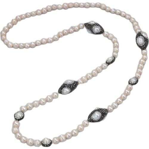 GG Jewelry 38" 8-9mm White Pearl Black Crystal Pave Long Necklace