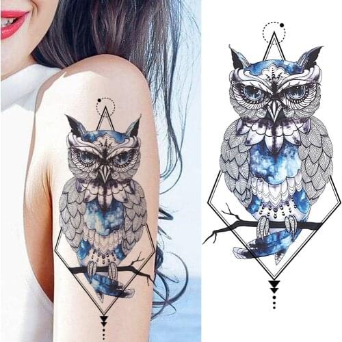 Geoemtric Blue Owl Temporary Tattoos Colorful Waterproof Totem Tatoo Fake Body Art Drawing Arm Legs Tatoo Sticker For Women Men